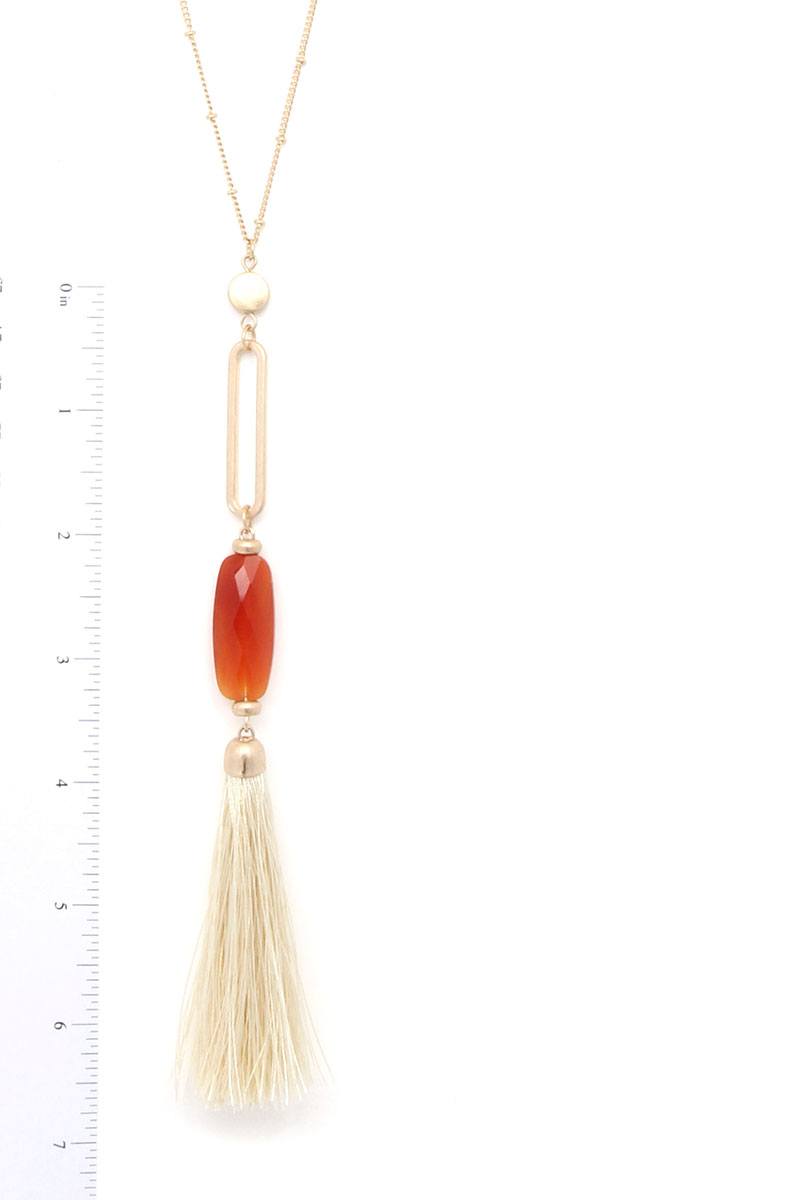 Cut Out Long Oval Bead Tassel Pendant Necklace