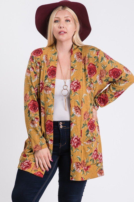 Plus Size Flower Print Pocket Flower Print Hacci Cardigan