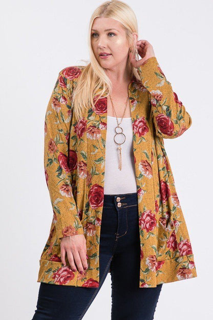 Plus Size Flower Print Pocket Flower Print Hacci Cardigan