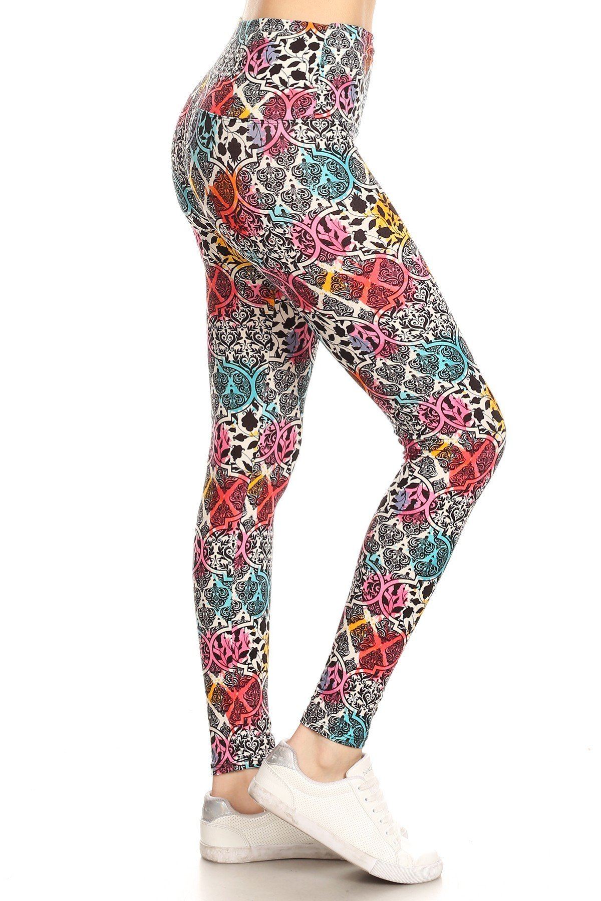 5-inch Long Yoga Style Banded Lined Damask Pattern Printed Knit Legging With High Waist