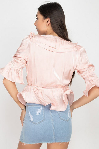 Surplice Short Sleeve Ruffle Top