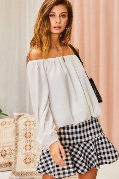 Off Shoulder Long Bubble Sleeve Solid Top