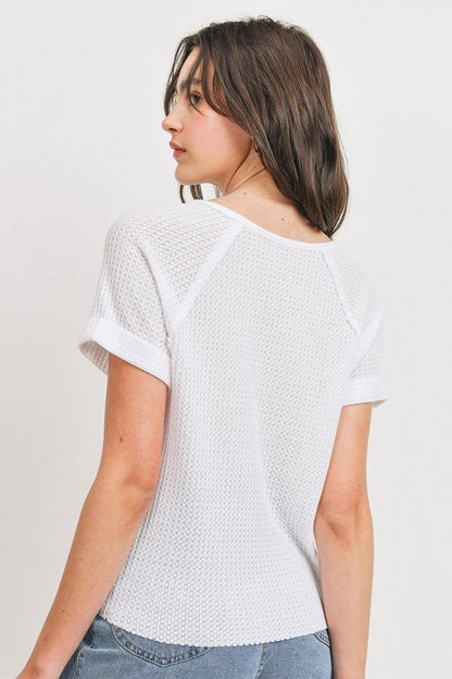 Waffle Raw Edge V-neck Rolled Up Short Sleeves Top