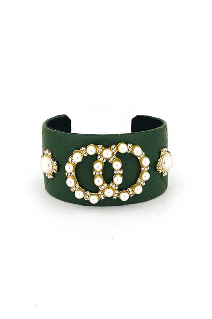 Fashion Pearl Double Round Studded Faux Leather Cuff Bracelet