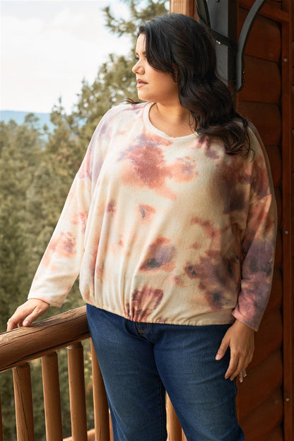 Plus Cream Rust Bleached Tie-dye Long Sleeve Drawstring Detail Relaxed Sweatshirt