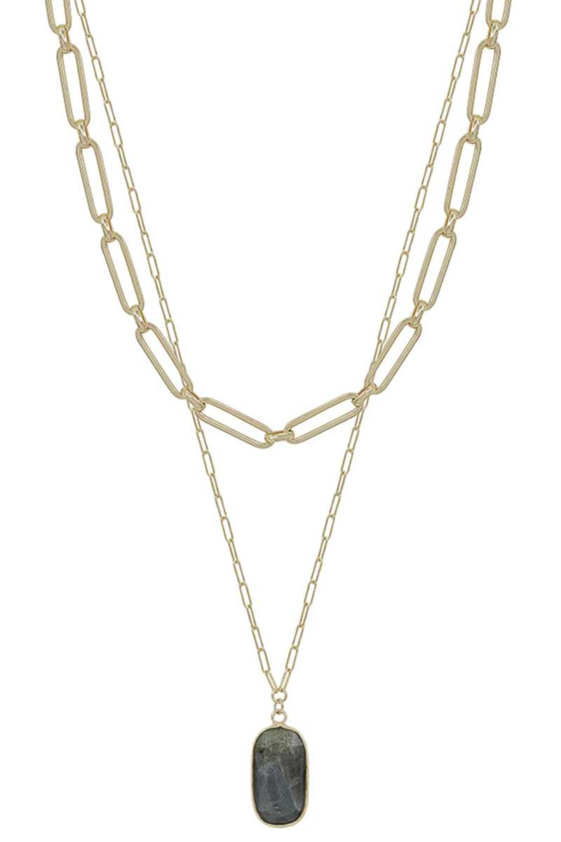 2 Layered Metal Chain Stone Pendant Necklace