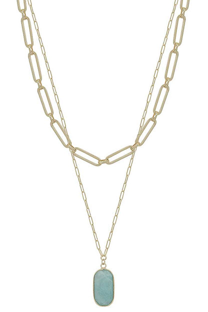 2 Layered Metal Chain Stone Pendant Necklace