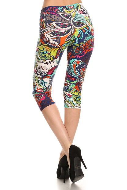 Multi-color Ornate Print Cropped Length Fitted Leggings With High Elastic Waist.