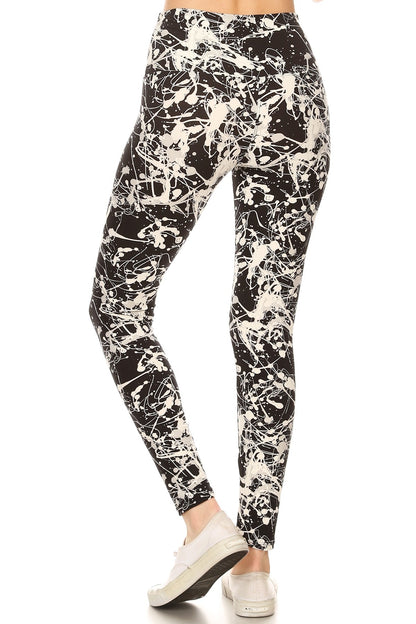 Long Yoga Style Banded Lined Paint Splatters Printed Knit Legging With High Waist