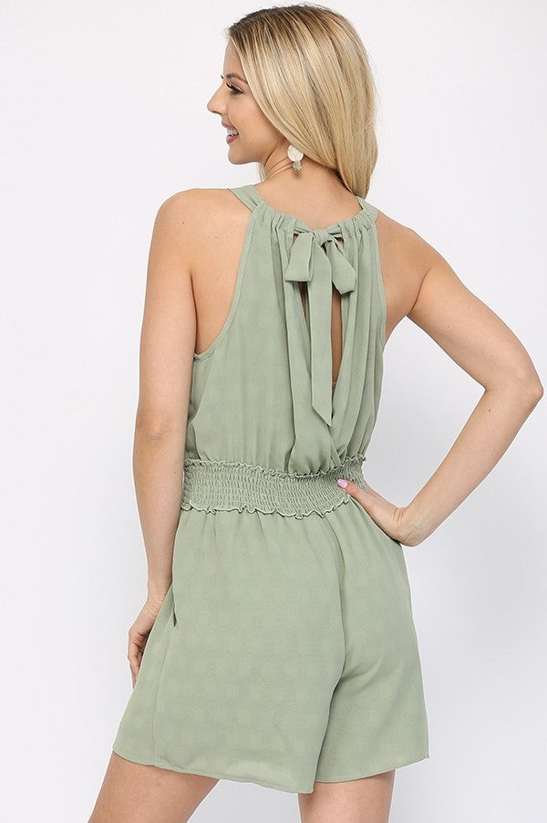 Textured Woven And Smocking Waist Romper With Back Open And Tie