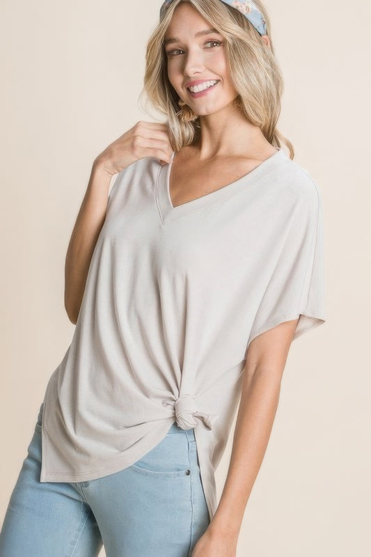 Solid V Neck Casual And Basic Top With Short Dolman Sleeves And Side Slit Hem