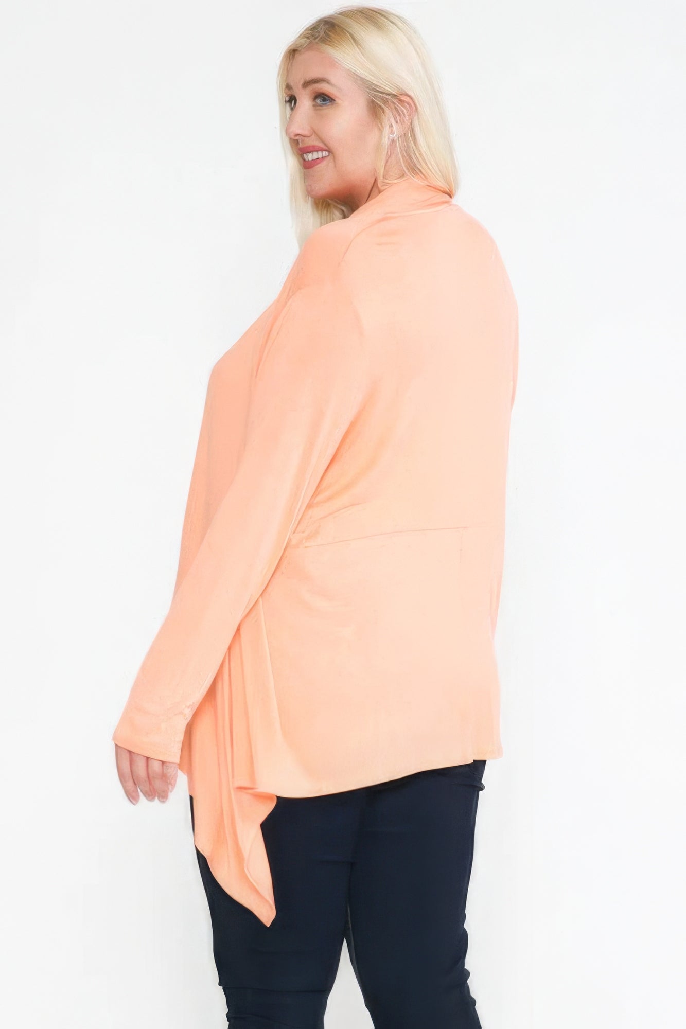 Waist Seam Shark Bite Long Sleeve Open Solid Cardigan