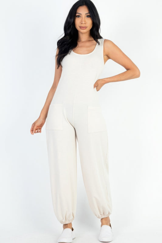 Casual Solid French Terry Sleeveless Scoop Neck Front Pocket Jumpsuit