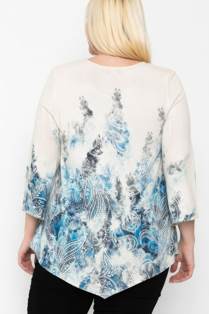 Print Top Featuring A Round Neckline And 3/4 Bell Sleeves