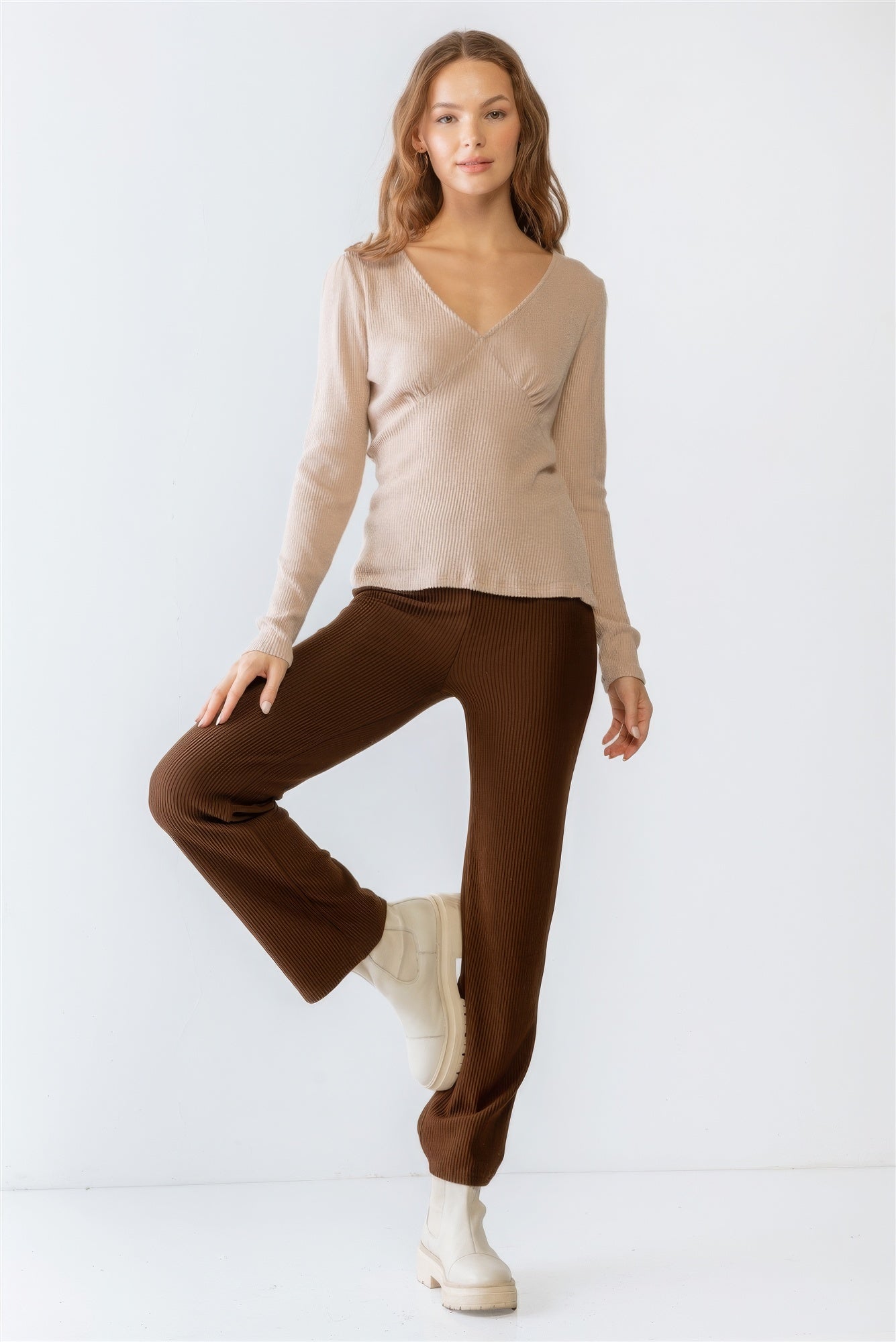 Sand Ribbed V-neck Long Sleeve Soft To Touch Top