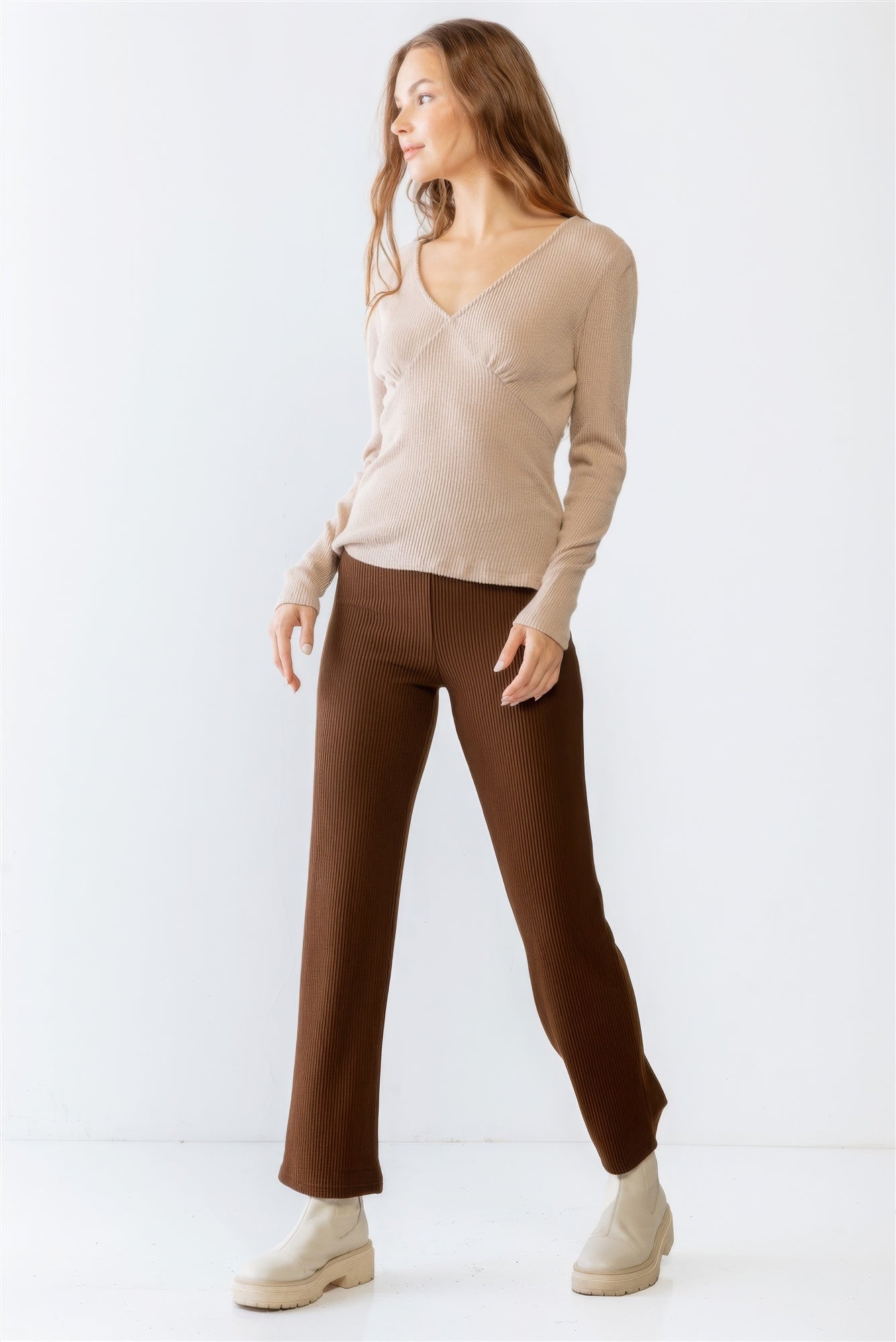 Sand Ribbed V-neck Long Sleeve Soft To Touch Top