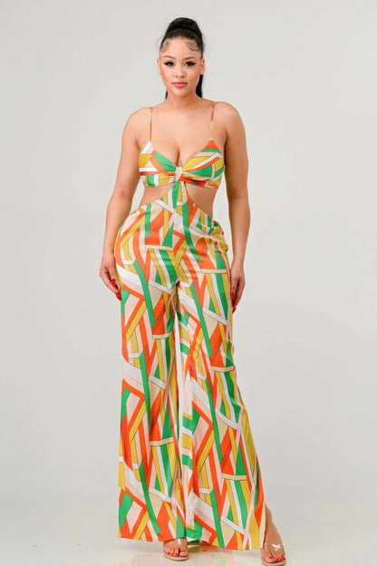 Luxe geo print satin bra top and palazzo jumpsuit