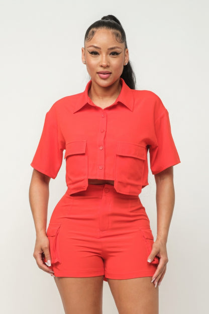 Front Button Down Side Pockets Top And Shorts Set