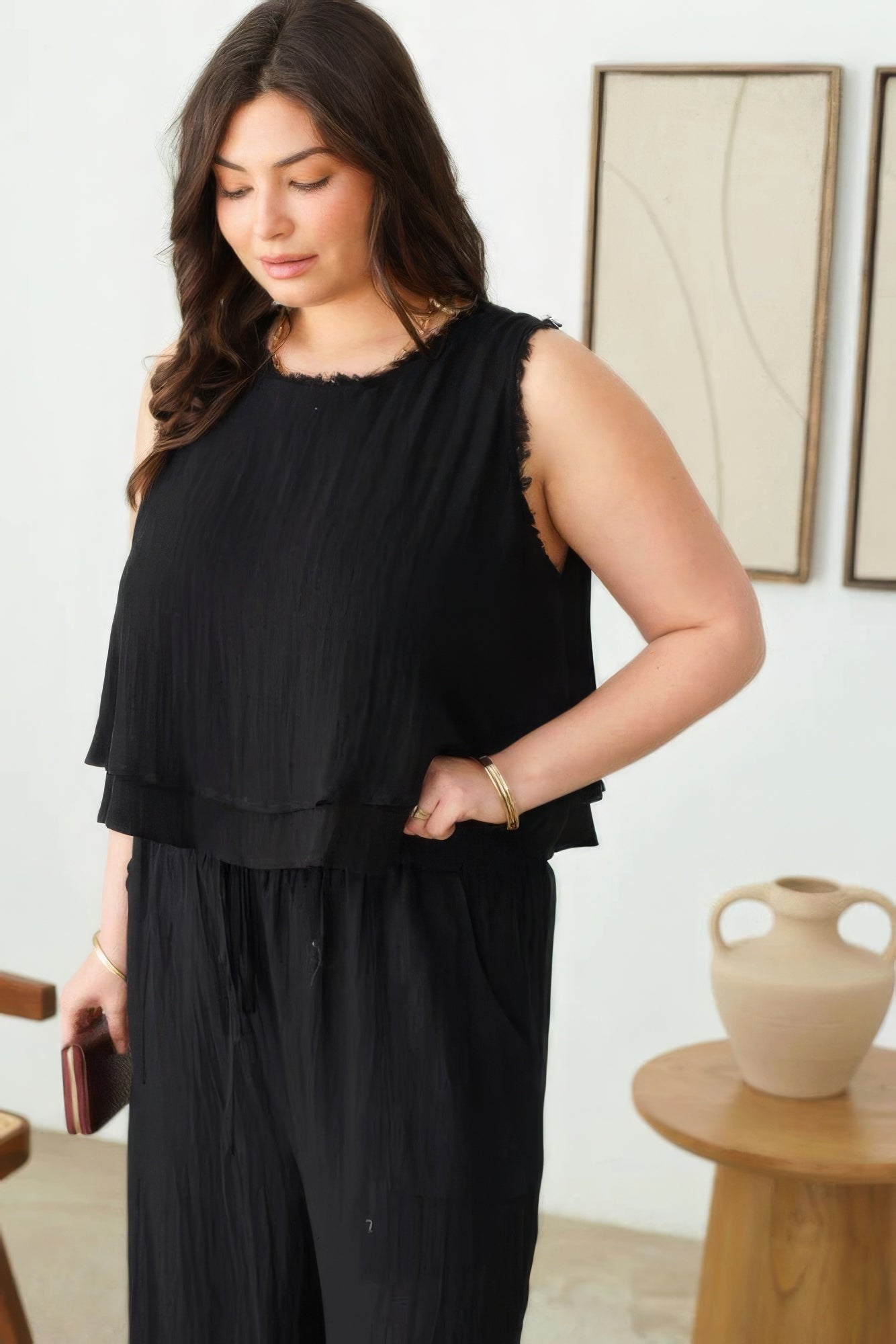 Plus Size Boho Sleeveless Frayed Hem Top