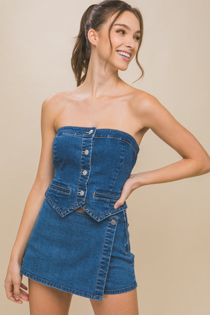 Denim Strapless Button-up Crop Top