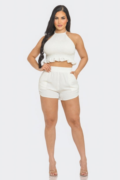 Front Smocking Detail Halter Top And Shorts Set