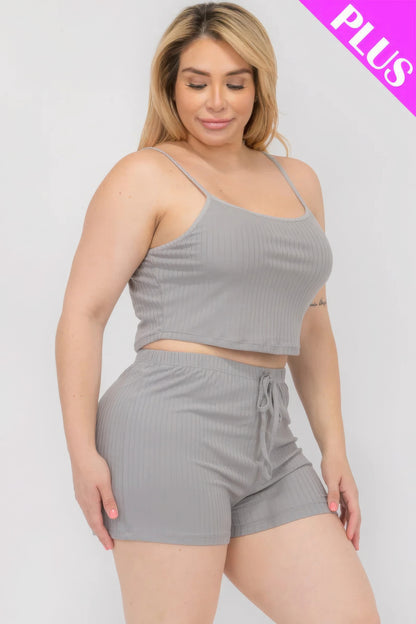 Plus Size Solid Ribbed Cami Top And Shorts Set