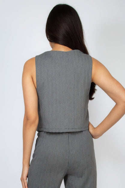 Herringbone V-neck Buttoned Vest Top