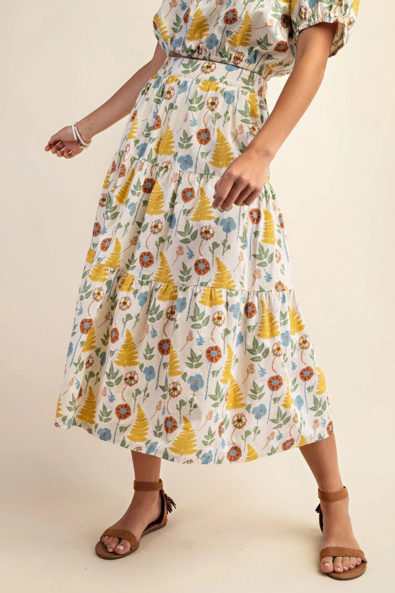 Printed long elastic waistband skirt with side pockets